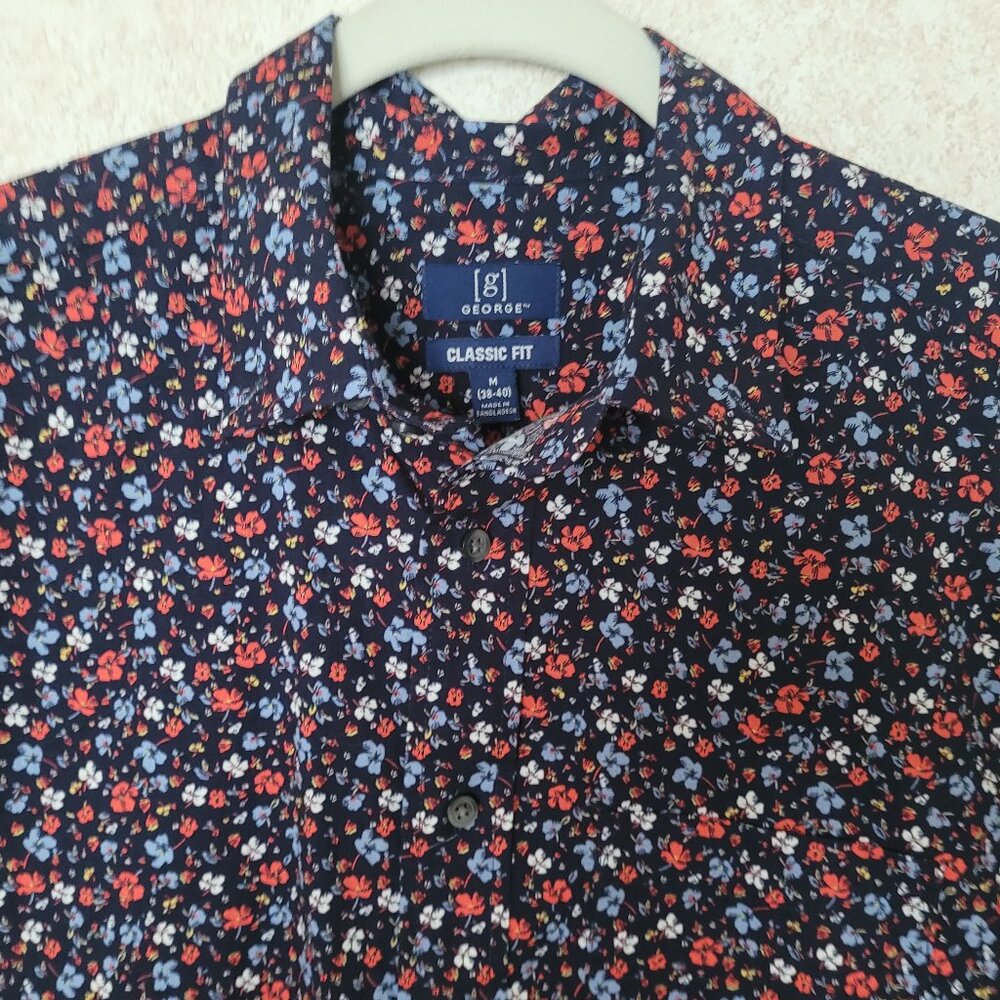 Navy Blue Floral Mens Shirt Short Sleeve Classic Fit Size M George NWOT